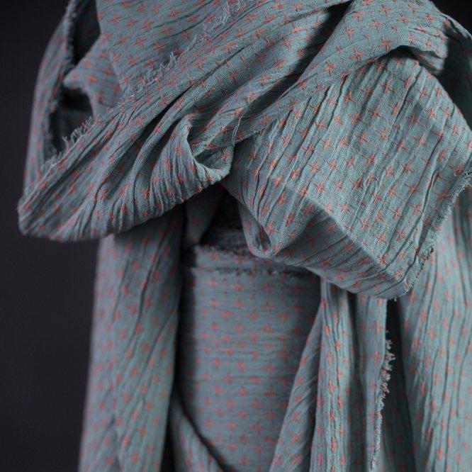 Jetsetter Cross Stitch Indian Cotton in Blue and Coral | Merchant & Mills designer sewing fabric | Stitch Piece Loop | Online Fabric Store | Dressmaking Fabrics | Designer sewing fabrics & supplies for the Modern Maker | Garment Fabric | Australia
