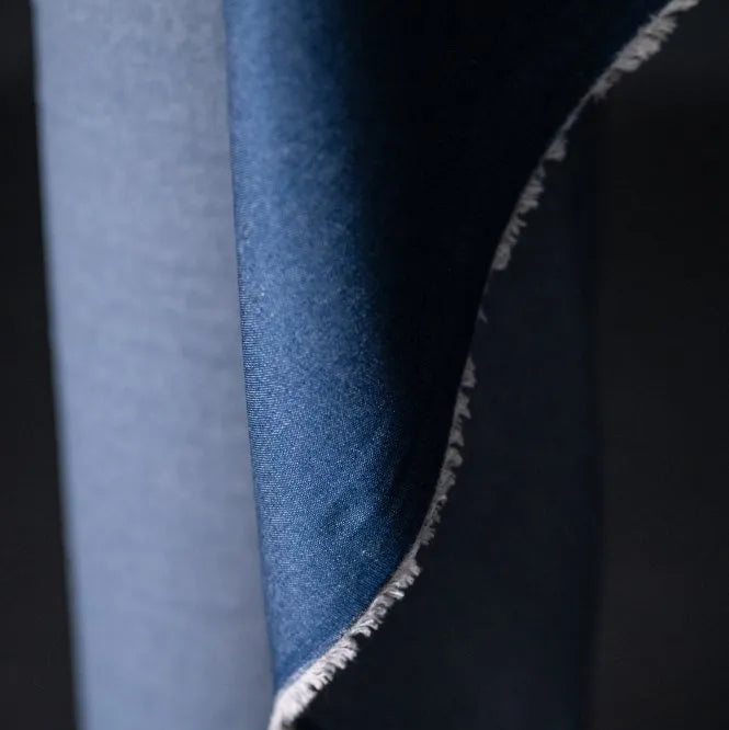 Merchant and Mills 8oz Washed Cotton Denim in Medium. Close up of fabric selvage.