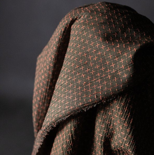 Mia Pink Cross Stitch Indian Cotton in Blue and Coral | Merchant & Mills designer sewing fabric | Stitch Piece Loop | Online Fabric Store | Dressmaking Fabrics | Designer sewing fabrics & supplies for the Modern Maker | Garment Fabric | Australia