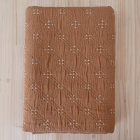 A folded brown quilted cotton jacquard fabric with a diamond pattern and small white embroidered details, laid flat on a light wood floor.