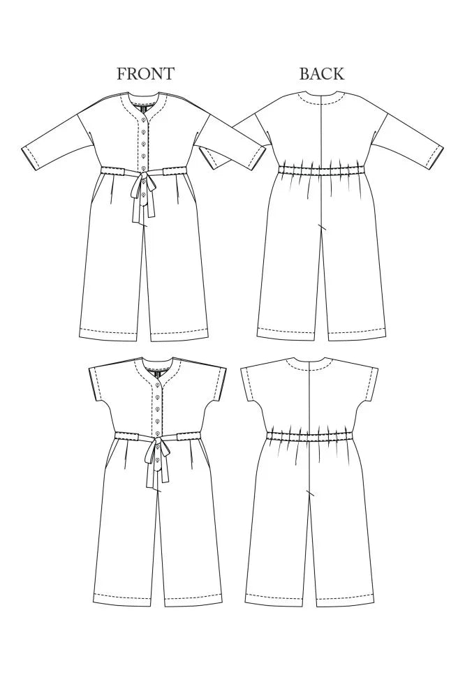 Line drawings of the cassidy jumpsuit by Merchant and Mills with front and back views on a white background