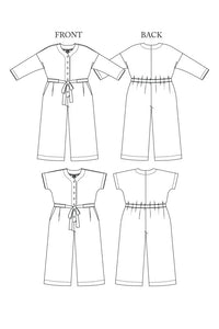 Line drawings of the cassidy jumpsuit by Merchant and Mills with front and back views on a white background