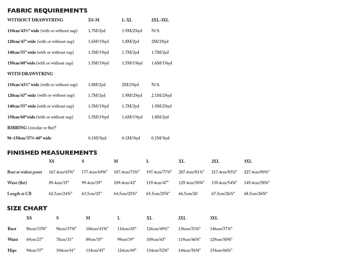 Fabric requirements and size chart for the Cirrus Top sewing pattern by Merchant and Mills. Available at Stitch Piece Loop, Australia. 