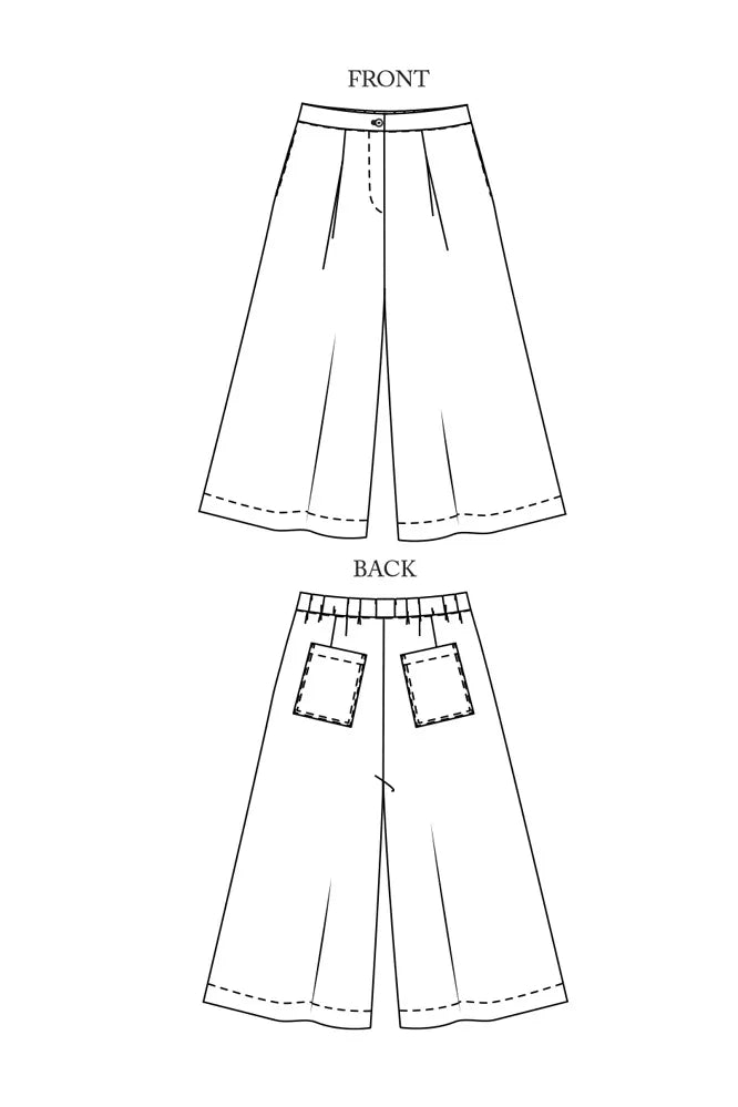 Line drawing of the Juno Trousers. The Juno Trouser sewing pattern is by Merchant and Mills, and available at Stitch Piece Loop, Australia.