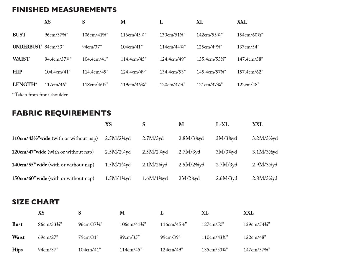 Measurement chart for clothing sizes XS to XXL with fabric requirements and size chart of the Lilian Slip Dress. The Lilian Slip Dress Sewing Pattern by Merchant and Mills available at Stitch Piece Loop Australia