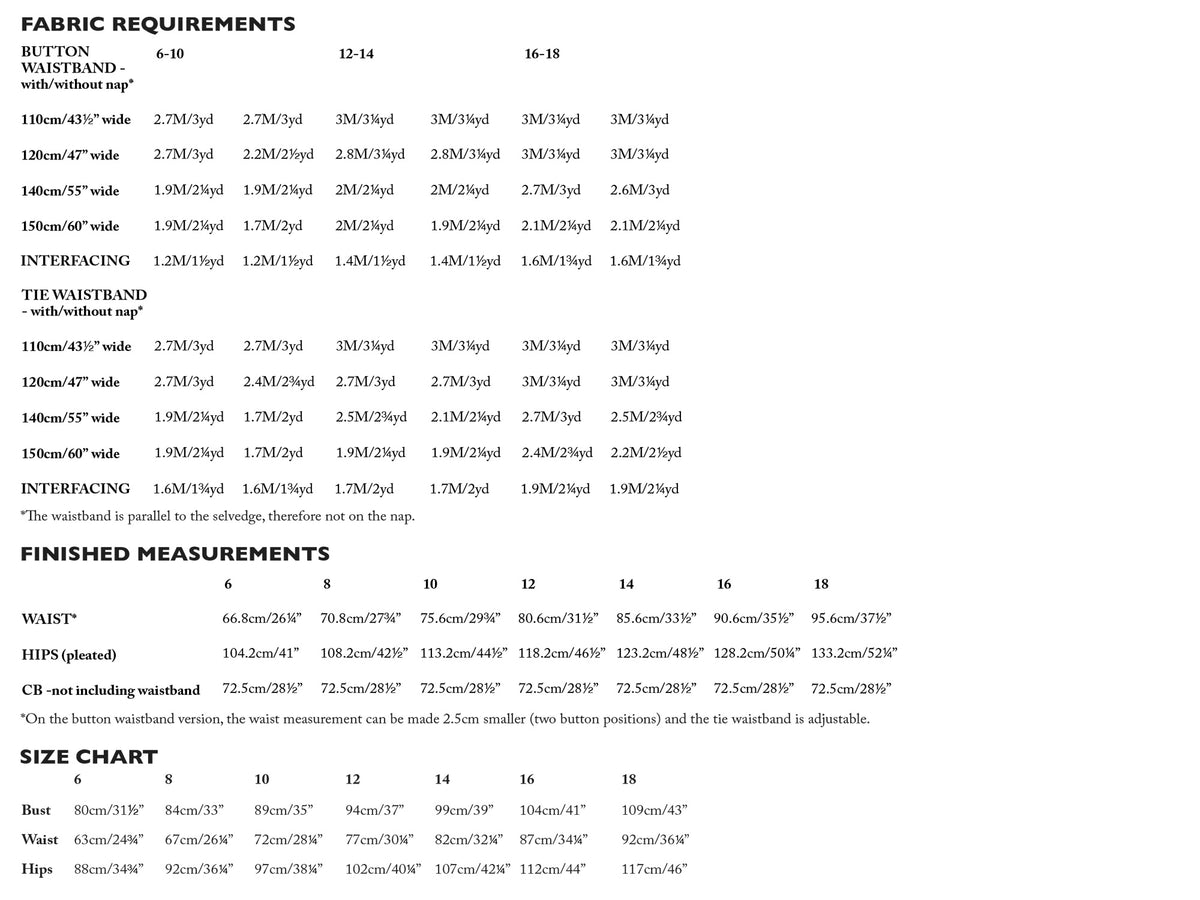 Fabric requirements and size chart for the Nevis Skirt Sewing Pattern. The Nevis Skirt Sewing Pattern is designed by Merchant and Mills and available at Stitch Piece Loop Australia.