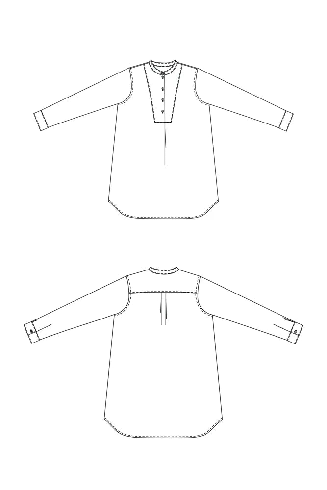 Line drawing of the Niven Shirt Dress Pattern. The Niven Shirt Dress Sewing Pattern by Merchant and Mills available at Stitch Piece Loop Australia.