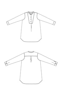 Line drawing of the Niven Shirt Dress Pattern. The Niven Shirt Dress Sewing Pattern by Merchant and Mills available at Stitch Piece Loop Australia.